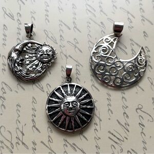 Lot of 3 Sterling Silver Sun and Moon Pendants